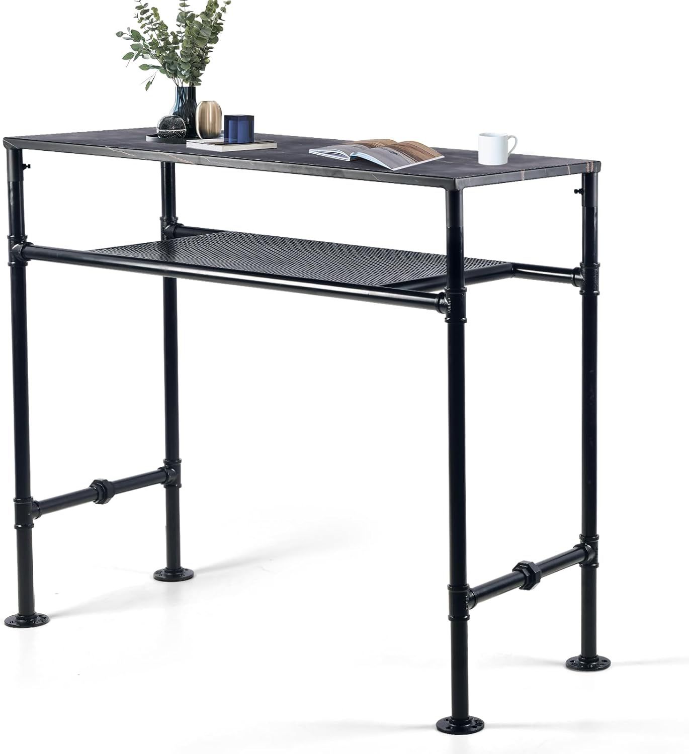 Bar Table 47" High Top, Bar Height Pub Table Sofa Console Table Rectangular Kitchen & Dining Coffee Table, Heavy Duty Metal Pipe, Marble Top, Vintage