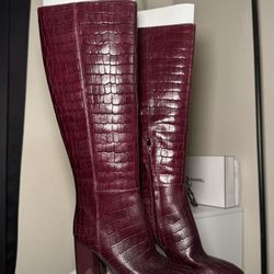 New Coach Brigitte Boot Croc-Embossed Over-the-Knee Boots in Burgundy Size 8
