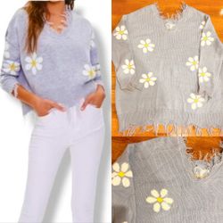Daisy-print Destructed Sweater blue Frayed Edge Sweater, Pullover Sweater,1XL