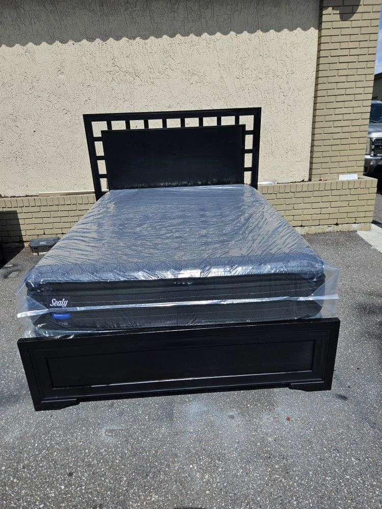 Black Queen Size Solid Wood Belcourt Bed Frame With Brand New Queen Size Plush Pillow Top Sealy Posture Pedic Mattress And Box Spring In Plastic