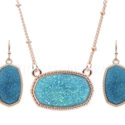 S3- Oval Hexagon Resin Druzy Dangle SET- Earrings + Necklace!