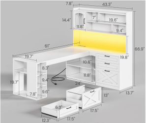 L-Shaped Desk with Hutch, Drawers, Shelves, Power Strip, LED lights