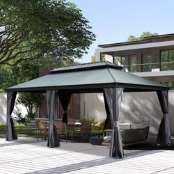12'x18' Hardtop Gazebo with Resin Roof, Outdoor Metal Gazebo with Drainage Gutters, Permanent Heavy Duty Pavilion for Patio, Backyard and Deck, Curtai