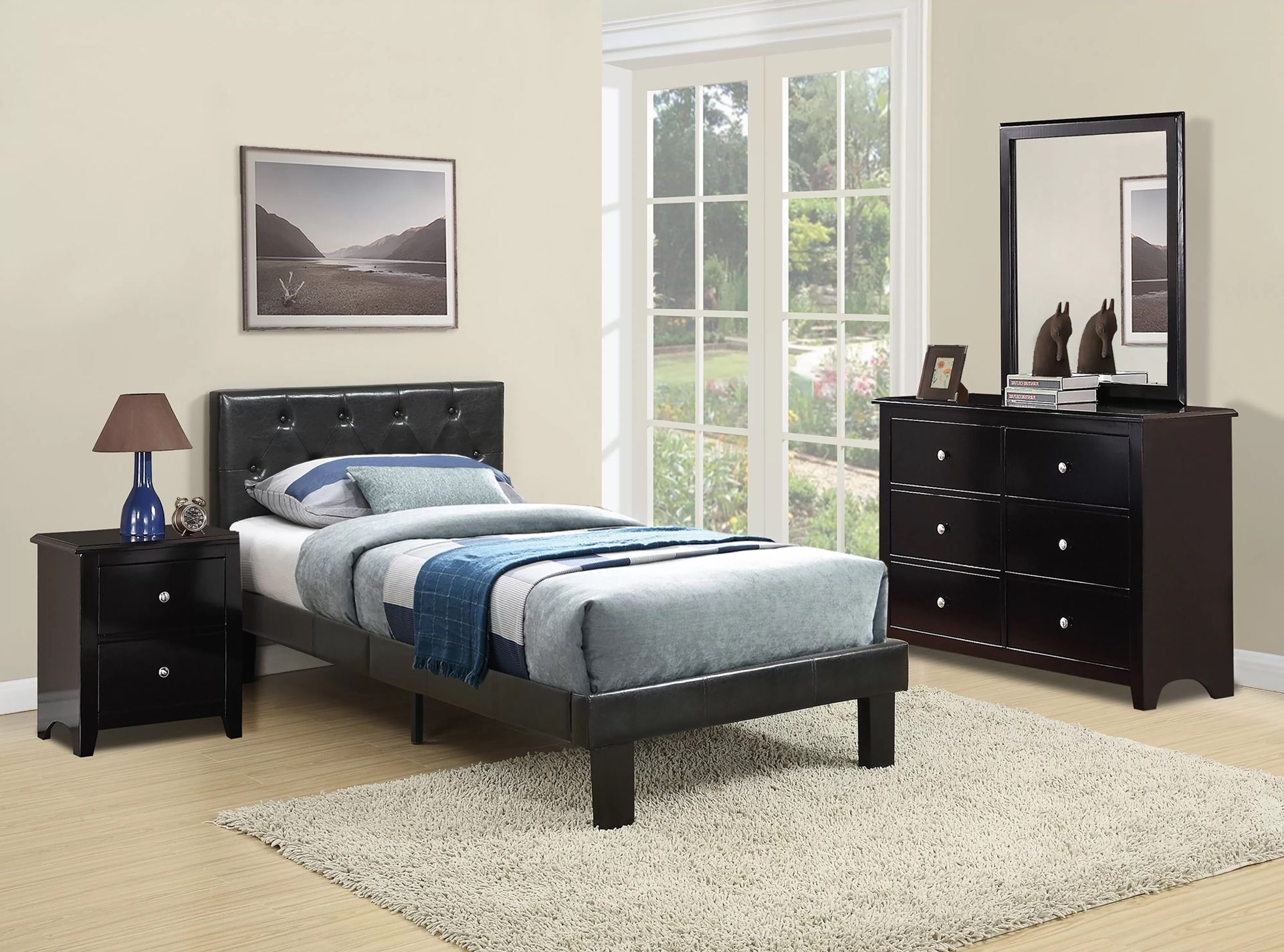 Twin Size Black Faux Leather Bed Frame