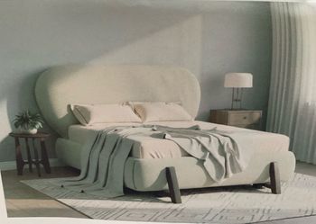 New Queen size platform bed light khaki fabric upholstered bed.