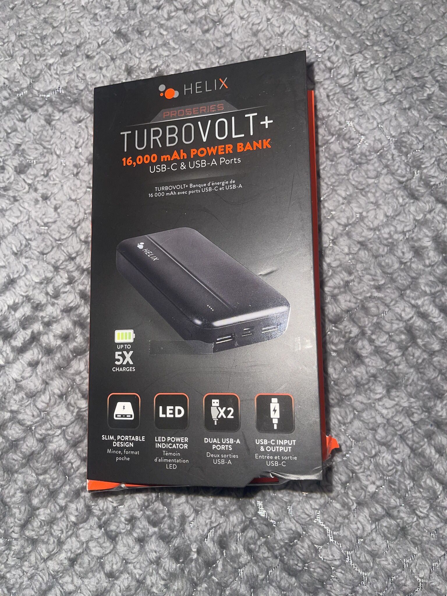 New Helix Turbo Volt+ 16,000 mAh Power Bank with USB-C and Dual USB-A Ports, Black