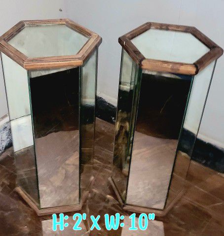 Postmodern Mirrored Hexagon Pedestal With Wooden End Tables
