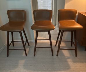 Set of Three West Elm Boulder Camel Leather Swivel Counter Stools