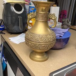 2 Large Antique Handmade Engraved Solid Brass Vase with Foo Dragon Handles 15”