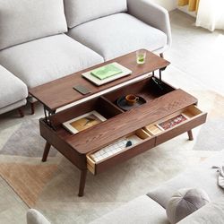 100% Solid Oak Lift Top Coffee Table with Storage Shelf Walnut Colour 39.37"