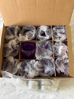 Set of 12 Purple Glass Tealight Holder and Candles