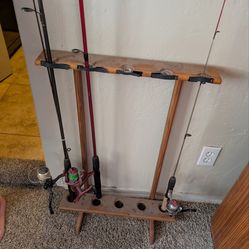 5 fishing pole / rod handmade wooden rack