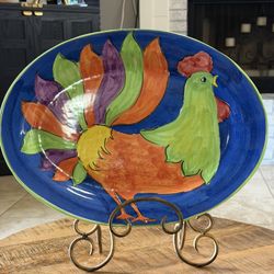 Vintage ITALY CERAMIC ROOSTER Platter &  Bowl Hand Painted Colorful Set Of 2