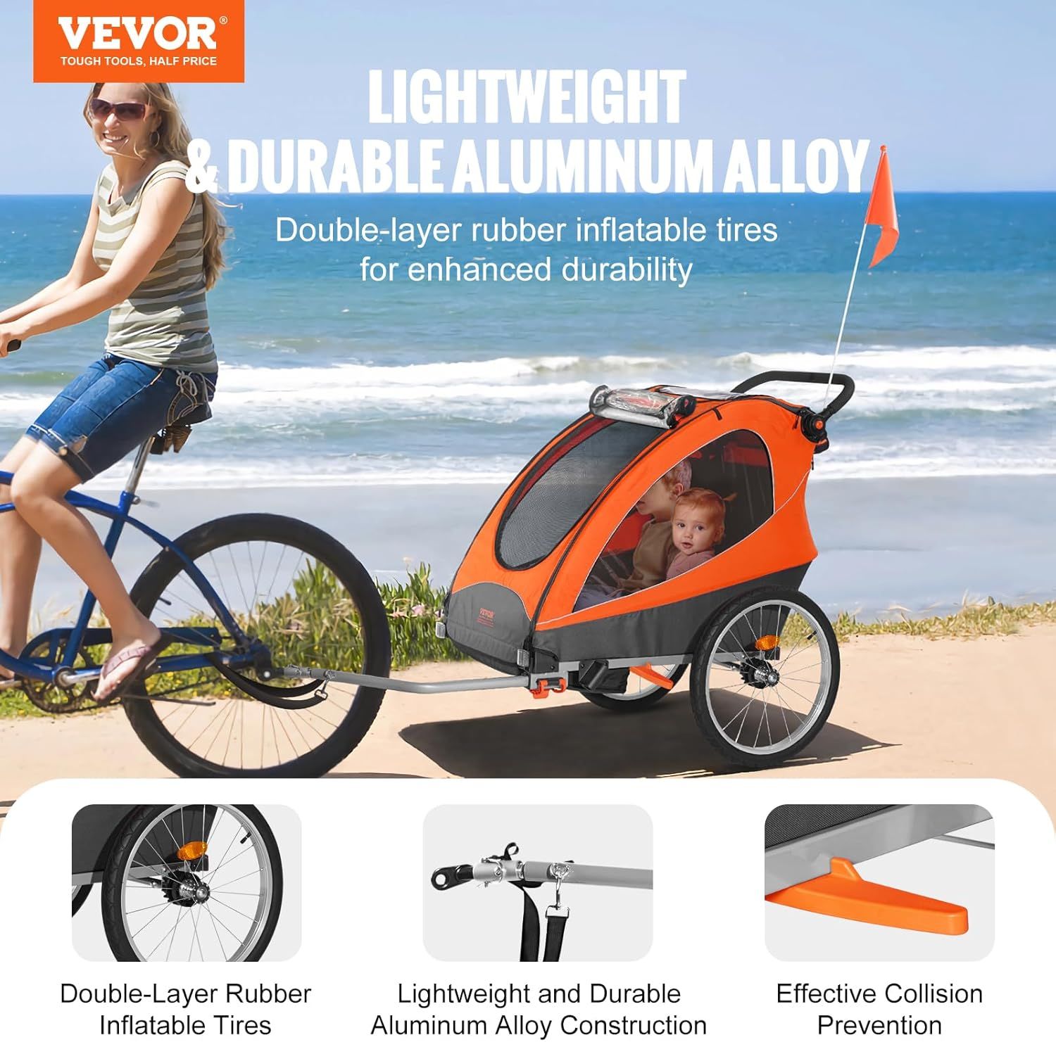 VEVOR Bike Trailer for Toddlers, Kids, 2 Seat, Supports up to 100/110 lbs, 2-in-1 Canopy Carrier Converts to Stroller, Tow Behind Foldable Child Bicyc