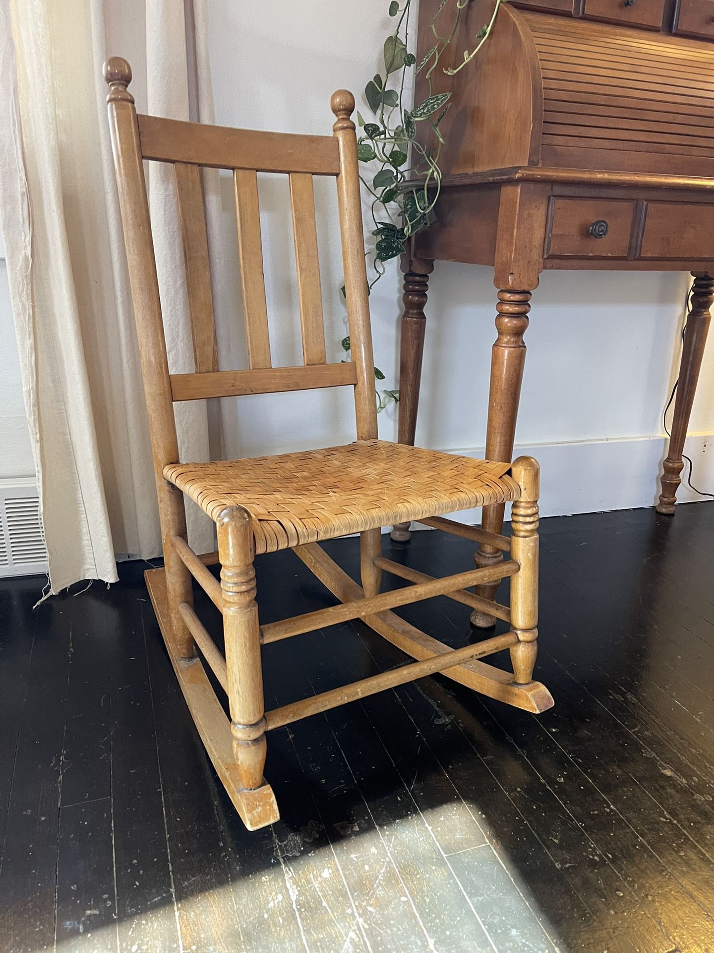 Vintage Wood Childrens Woven Seat Rocking Chair