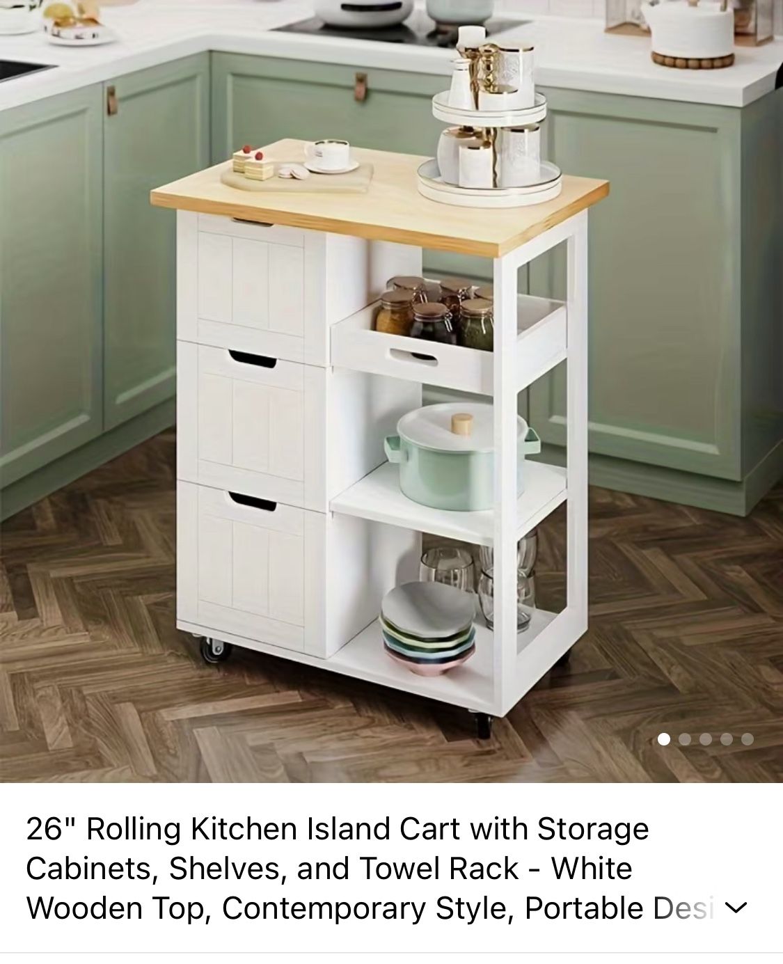 Kitchen Island On Wheels , 26’’ Not White As Pictured It Is BLACK.  Brand new In Box
