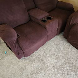 Brown Reclining Sofa And Love Seat W Cupholders