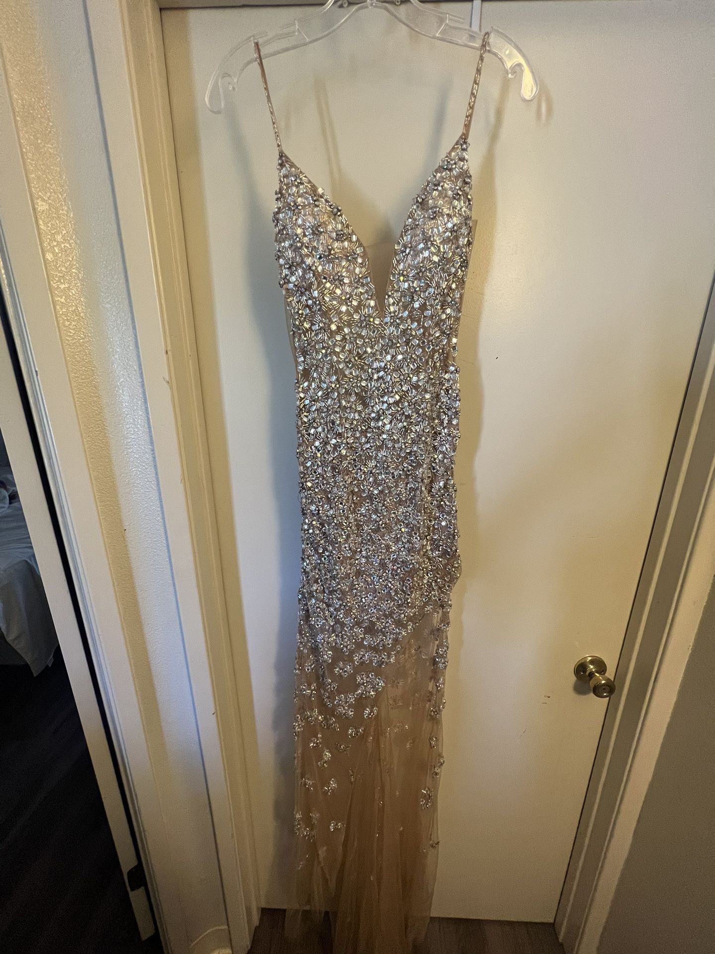 black v neck beaded prom dress Shop Andrea and Leo A1229 V-Neck Neckline Open Back High Slit Beaded  Mermaid Evening Dress – B Chic Fashions main image 1