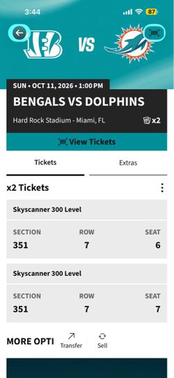 Bengals @ Dolphins w/Orange Parking Pass