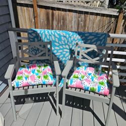Gray Wooden Patio Chairs and Cushions - set of 2