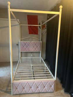 Used Twin Upholstered Canopy Bed Frame with Drawer & Crystal Tufted Storage Headboard