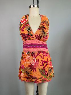Vintage Y2K Arden B. Mesh Halter Dress, Tropical Floral Print, Beaded Sequin XS