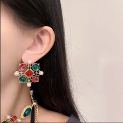 Gold with multicolored stones women's large stud studs earrings gift