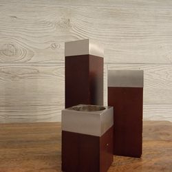 Set Of 3 Wooden And Steel Candle Holders 