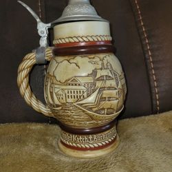 1977 Avon Collectible Beer Stein with Pewter Lid, Sailing Ships, Handcrafted in Brazil, Schooner, Bark, Brig, Ketch, Ceramarte

