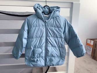 Warm light blue puffer jacket for your little one. Has cozy fleece-lined hood and super cute dinosaur detail on front. This Love Abella jacket is size