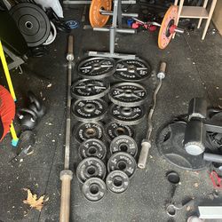 Olympic weights, barbell l, plus rack