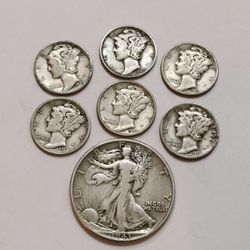 Old U.S Silver Coins / Half Dollar & Mercury Dimes