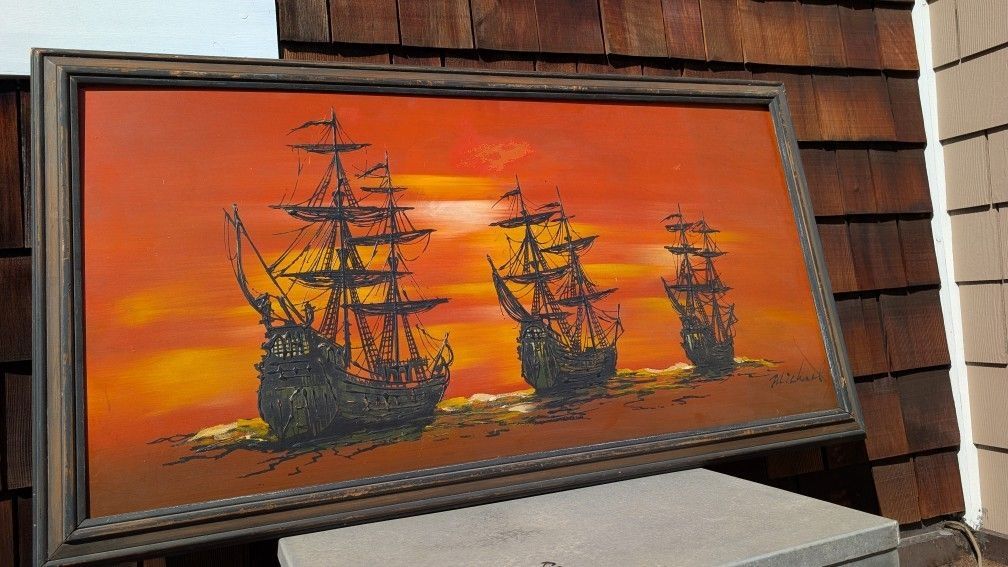 Mid-Century Painting Spanish Seascape Nautical Pirate Ships Art MCM Vintage Artwork Please Read Boat 