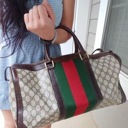 Authentic Vintage Gucci GG Monogram Supreme Sherry Web Ophidia Large Boston Bag