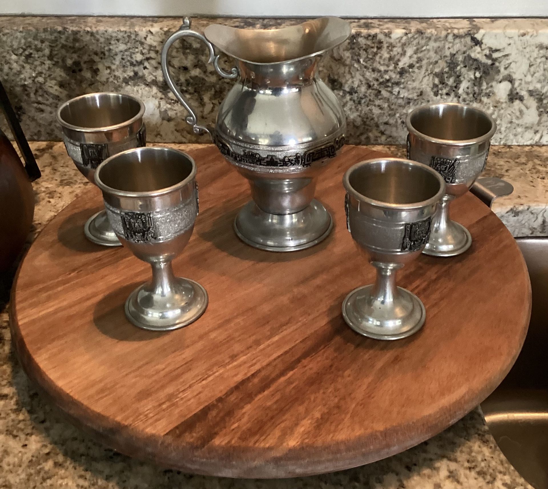 Antique pewter from Bolivia includes pitcher (or decanter) and 4 wine goblets In Excellent Condition