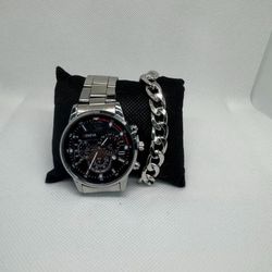 Silver Stainless Steel Watch & Cuban Link Bracelet Set