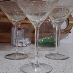 Set Of 3 Palm Tree Etched Martini Glasses 