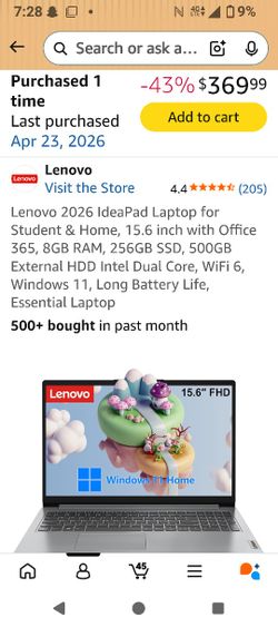 Lenovo 2026 IdeaPad Laptop for Student & Home, 15.6 inch with Office 365, 8GB RAM, 256GB SSD, 500GB External HDD