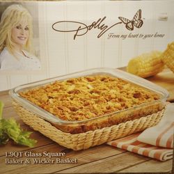 Glass Square Baker w/ Wicker Basket