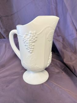 Milk Glass Footed Pitcher with Grape Relief