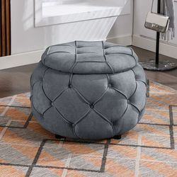 28" Gray Round Woven Tufted Storage Ottoman / Bench [NEW] **No Assembly Required