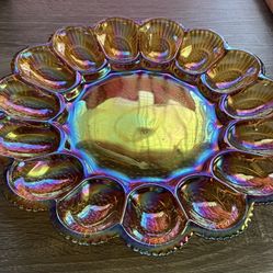 Vintage 60s Indiana Amber Glass Deviled Egg Server Plate 