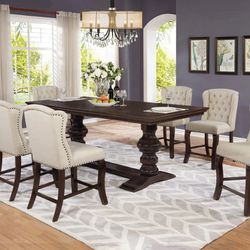 FARMHOUSE INSPO 7 PIECE COUNTER HEIGHT DARK WALNUT FINISH TUFTED BEIGE WINGBACK CHAIRS
