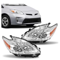 Headlight Assembly Compatible with 2012-2015 Toyota Prius Replacement for 811 811, Headlamp Head Lights Lamp Chrome Housing Clear Lens