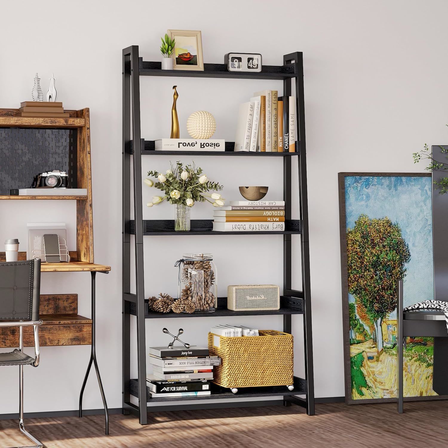 Industrial Bookshelf 5-Tier 31.5 in Wide, Bookcase Ladder Shelf, Storage Shelves Rack Shelf Unit, Accent Furniture Metal Frame, Home Office 