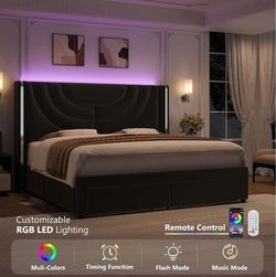 King Upholstered Platform Bed Frame, LED Storage Headboard, Black
Velvet Bedframe with Storage Drawers, Wingback with Silver Trim, Solid Wooden Slats,