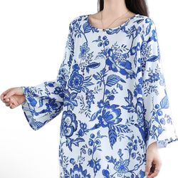 Xl size Women's Long Sleeved T-Shirt Plus Size Blue and White Porcelain Printed Casual Versatile Shirt Top