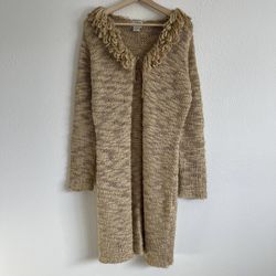 Vintage 90s Tan Beige Fuzzy Fringe Trim Collar Knit Open Long Duster Cardigan