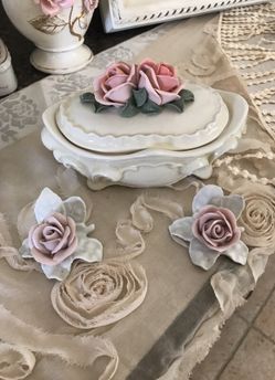 Germany porcelain rose dish with two porcelain roses