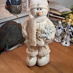 Vintage 18 Inch Snowman Figure Wearing A White Fur Outfit W/Gold Accents & Leather Boots